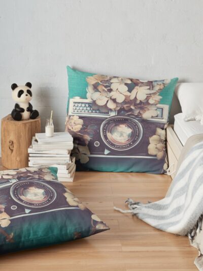 Camera & Hydrangea Throw Pillow Official Photographer Merch