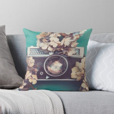 Camera & Hydrangea Throw Pillow Official Photographer Merch